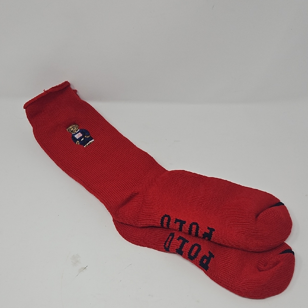 NWT Polo Ralph Lauren Teddy Bear Flag Red & Blue Socks Mens 10-13 Thick Cotton